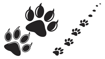 Fototapeta premium Illustration of a large paw print and a trail of smaller paw prints in black and white design style