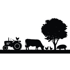 Farm silhouette with tractor cow pig chicken and tree
