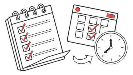 Checklist and calendar with clock showing time management and planning for task completion and deadlines