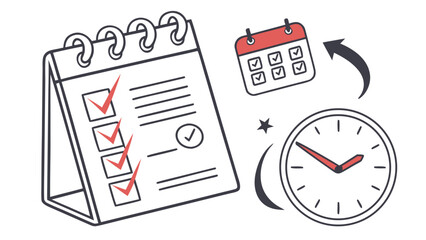 Illustration of a desk calendar with checkmarks, a wall calendar, and a clock with an arrow arc