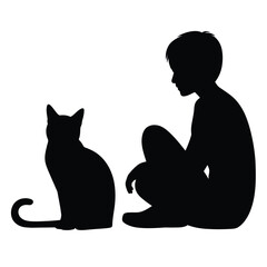 Silhouette of a child sitting and looking at a cat