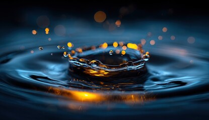 A water droplet impact, with vibrant splash and rippled surface.  Golden highlights illuminate the dynamic action