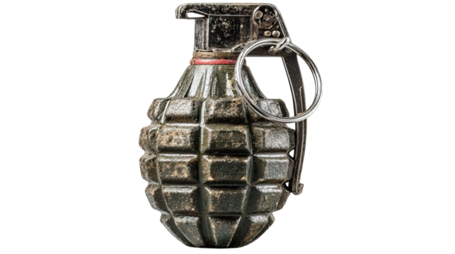 Hand Grenade Close-up: A detailed shot of a hand grenade, showcasing the intricate design and military hardware in a professional and realistic light.