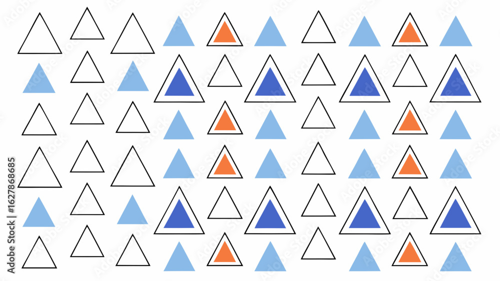 Poster pattern of colorful triangles in various sizes and outlines arranged in geometric grid