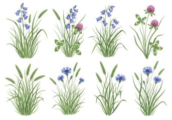 Fototapeta premium Watercolor painting of wildflowers and grasses isolated on white background