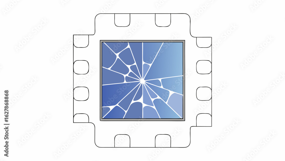Poster abstract background with glass shards and cracks in microchip design, symbolizing digital damage or 