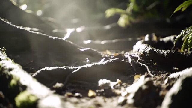 Sunlight Glimmering Through The Mystical Forest Ground Covered By Mossy Roots