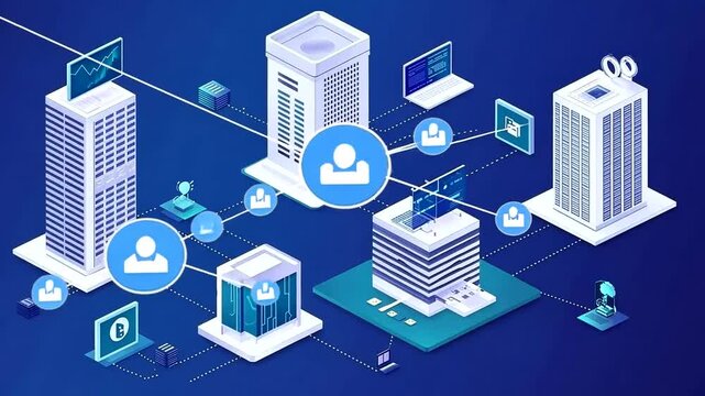 Isometric illustration of a network of interconnected servers for data transfer