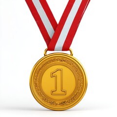 A gold medal with red and white ribbon.  First place award