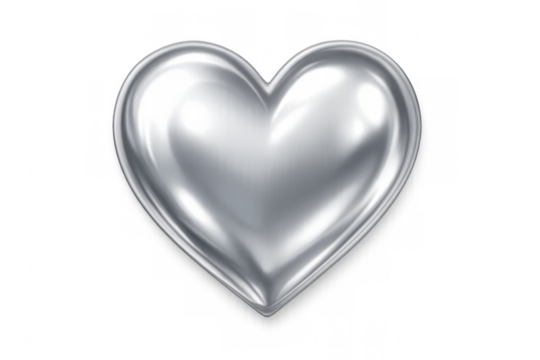 Silver metallic heart symbolizing romantic feelings, gleaming against transparent background, ideal for love-themed designs and valentine's graphics