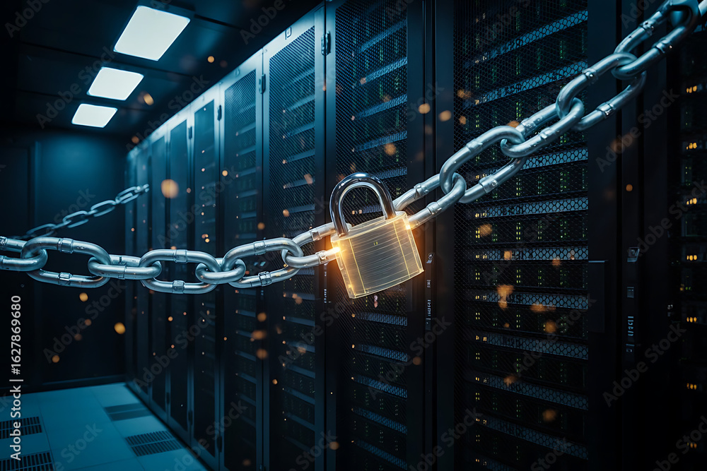 Poster secure data center with servers locked by a heavy metal chain and padlock symbolizing cybersecurity 