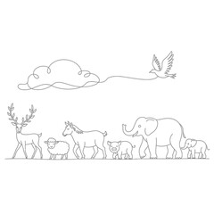 Whimsical line drawing of various animals walking together under a cloud with a bird
