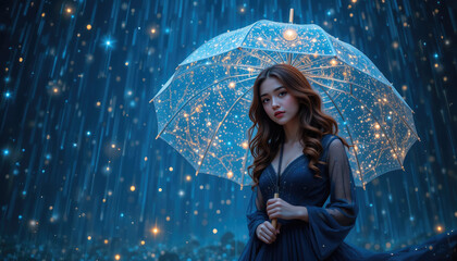A smiling young woman in a fashionable dress holds an umbrella, enjoying the rain outdoors