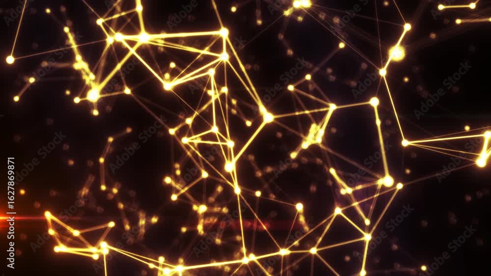 Poster abstract glowing yellow network of connected nodes and lines on a dark background, symbolizing data 