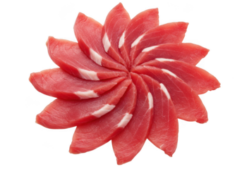 Raw tuna slices with fat marbling arranged in a flower pattern isolated on transparent background
