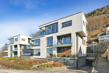 Modern luxury villa exterior in minimal scandinavian style, 3d render