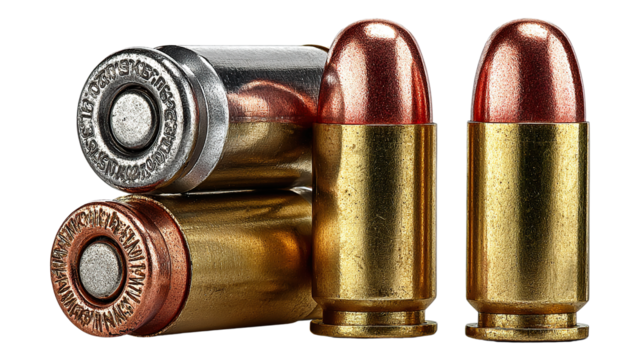 Ammunition Close-up: A detailed shot of various bullets, metallic cylinders arranged meticulously, showcasing the power and precision in a macro shot.