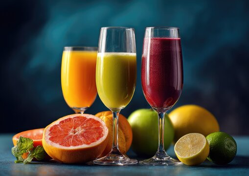 Three vibrant fruit smoothies in stemmed glasses, surrounded by fresh produce - Powered by Adobe
