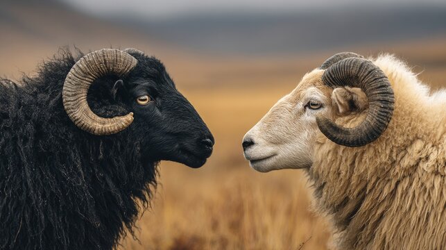Black and white rams face to face in dry grassland, horned sheep interaction, soft natural lighting, shallow depth of field, rural wildlife photography
