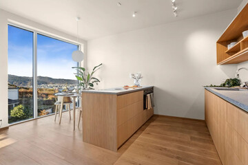 Modern luxury kitchen interior in minimal scandinavian style, 3d render