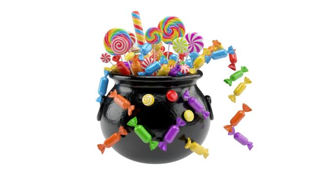 Black Cauldron Filled with Colorful Candy and Lollipops, Isolated with White Background - Powered by Adobe
