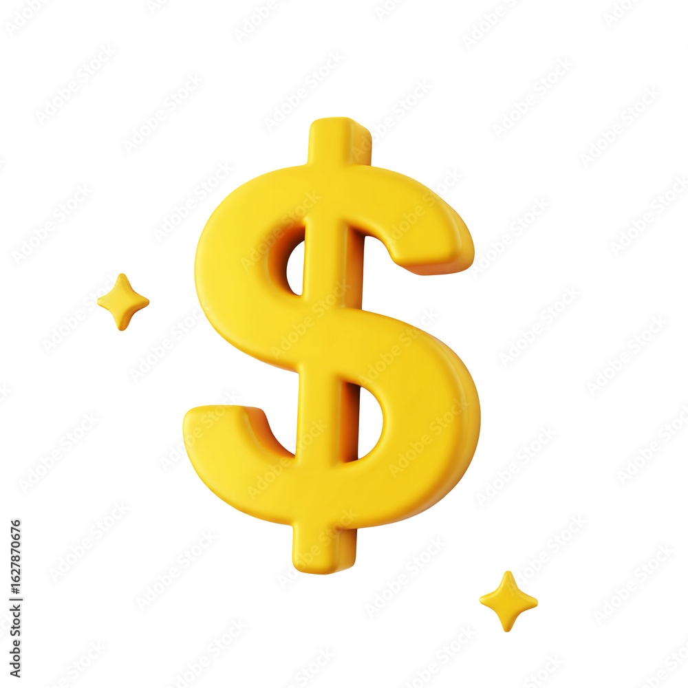 Poster a golden dollar sign with two small stars in a rendered image style on transparent background