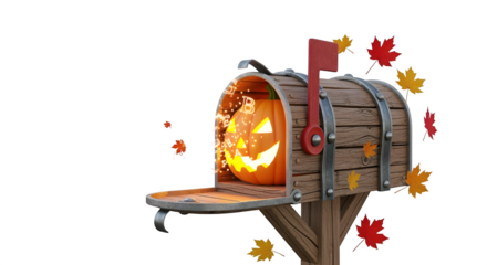 Halloween Pumpkin Mailbox with Glowing Jack O’Lantern, Isolated with White Background