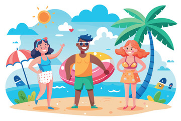 Group of friends enjoying summer vacation on a tropical beach with palm trees and blue ocean