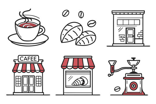 Collection of coffee shop and coffee related icons isolated on white background