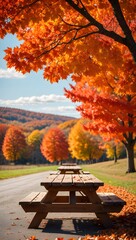 Naklejka premium Picnic table awaits amidst a vibrant autumn landscape