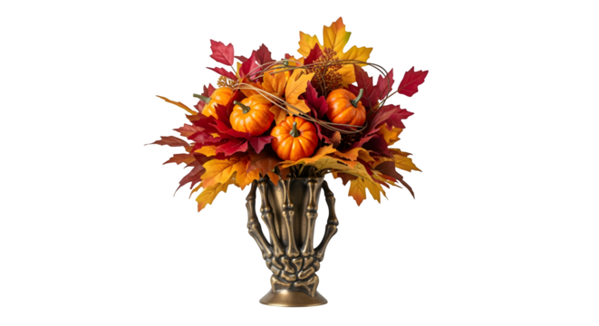 Autumn Pumpkin Floral Arrangement with Maple Leaves in Skeleton Vase, Isolated with White Background