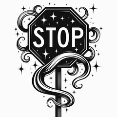 Stylish stop sign surrounded by swirls and stars, urban art concept
