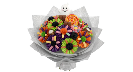 Halloween Candy Bouquet with Flowers and Ghost Decoration, Isolated with White Background