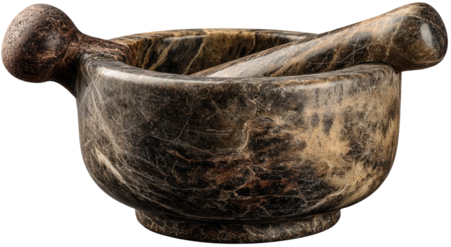 A stone mortar and pestle, dark mottled with light streaks.  The bowl is shallow, and the pestle has a rounded end.  High-quality craftsmanship is evident