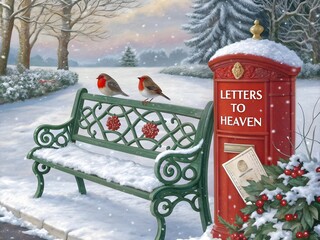 Two robins perched on a snow covered park bench next to a red post box with letters to heaven isolated on transparent background