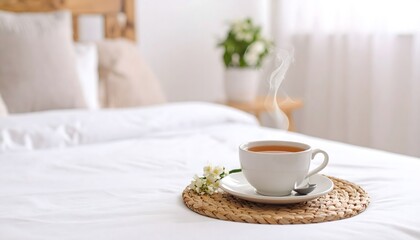A steaming cup on a bed symbolizes comfort, offering a moment of calm for mental well-being and self-care.