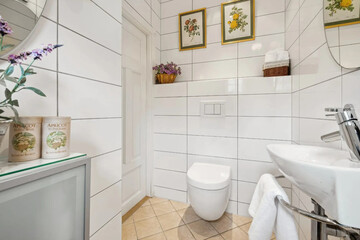 Modern bathroom interior in minimal scandinavian style, 3d render