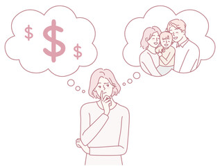 A thoughtful and contemplative individual carefully weighing their financial concerns against important family values