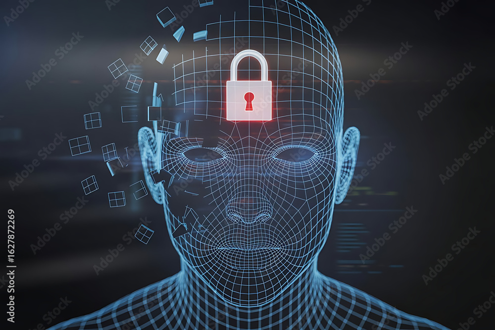 Poster digital human head with glowing padlock on forehead symbolizing cybersecurity and data protection in