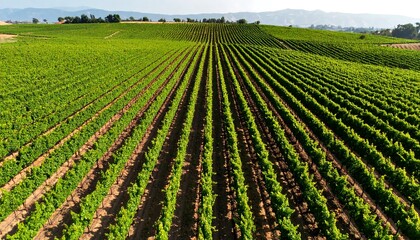 Aerial view of green vineyard rows on rolling hills under a clear blue sky agriculture landscape