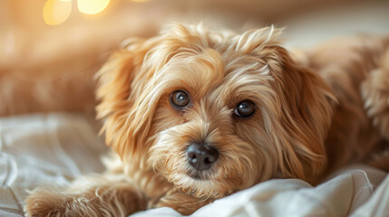 Cute fluffy golden doodle puppy resting on a soft blanket indoors