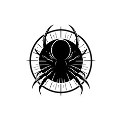 Stylized spider silhouette in a circular emblem, dark and gothic