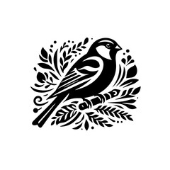 Black and white illustration of a bird perched on a branch with foliage
