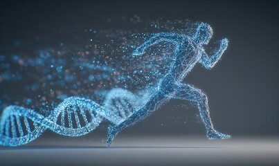 Corredor digital: Modelo wireframe en movimiento con estructura de ADN