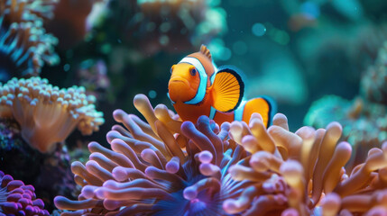 Vibrant clownfish nestled in a colorful anemone underwater