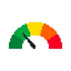 Fototapeta premium Gauge templates in pixel art style. Colorful level indicator with pointer in the green zone. Meter, progress, labels. Isolated on white background.