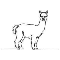Minimalist line art drawing of a standing alpaca on a white background