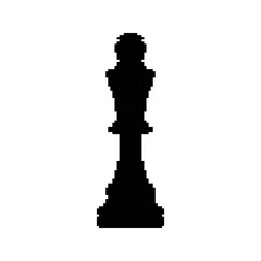 MobileChess Piece templates in pixel art style. Black solid queen game symbol. Strategy, board game, labels. Isolated on white background.