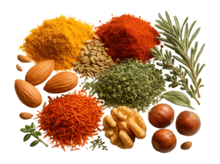A variety of colorful spices and nuts including turmeric, paprika, rosemary, almonds, and walnuts arranged on transparent background.