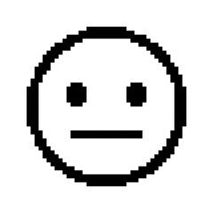Smiley Face templates in pixel art style. Black outline neutral emoticon. Calm, indifferent, labels. Isolated on white background.